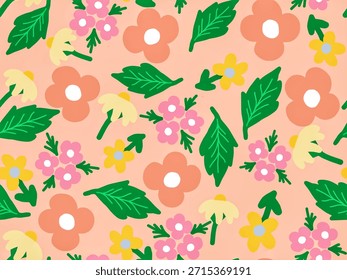 Patrón sin fisuras de ilustraciones florales y de hojas de estilo plano sobre fondo naranja suave para tela, Fondo de pantalla, papel de regalo