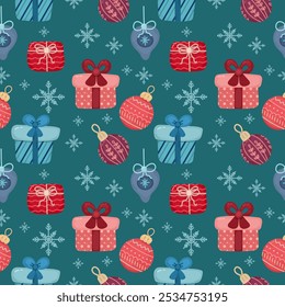 Seamless pattern with flat style gifts and Christmas tree toys and snowflakes on a blue background. Cute children's design
