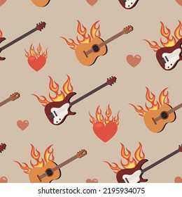 Seamless pattern in flat style. Guitar and bass guitar on fire, heart on fire licked by flames. Vector illustration on isolated background. Print collection for tee shirt or fashion fabric, textile