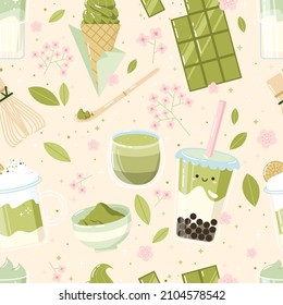 Seamless pattern in flat style with matcha green tea drinks and desserts