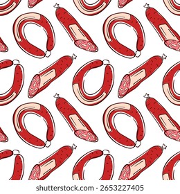 Padrão perfeito com salsicha de estilo plano e salame em fundo branco. Perfeito para embalagens de alimentos, têxteis de cozinha, produtos de carne, marca e design culinário.