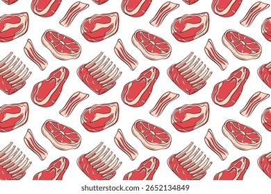 Seamless pattern of flat style steak, bacon, ribs and meat cut on white background. Ideal for butcher shop, packaging and culinary design theme.