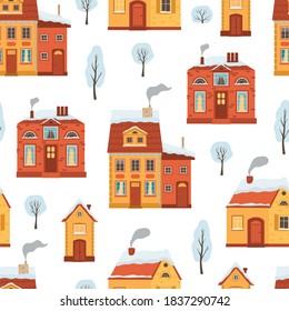 Seamless pattern with flat style winter houses. Christmas holiday background with a cozy town in retro style. Vector illustration