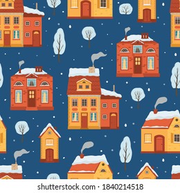 Seamless pattern with flat style winter houses. Christmas holiday background with a cozy town in retro style. Vector illustration