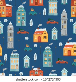 Seamless pattern with flat style winter houses. Christmas holiday background with a cozy town in retro style. Vector illustration