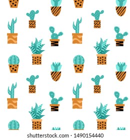 Seamless pattern with flat succulents in pots isolated on white background. Vector illustration.