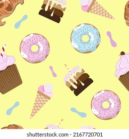 Seamless pattern with flat sweets (cupcake, ice cream, chocolate cake, donut) on a yellow background