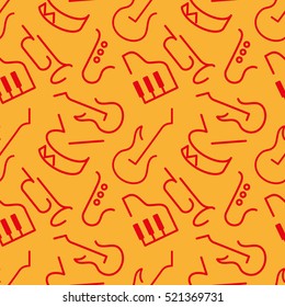 Seamless pattern of flat thin linear vector icons in modern style on a musical theme on yellow background. It can be used as wallpaper, wrapping, web design or other. 