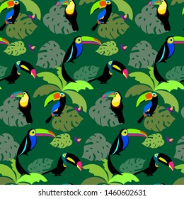Seamless pattern with flat toucan images. Tropic bright birds. Hawaii theme.