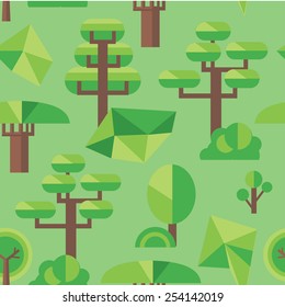 Seamless pattern of flat trees and grass including pine and deciduous trees