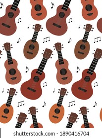 Seamless pattern with flat ukuleles with musical notes on white background. Hawaiian music. Musical string instrument. Seamless cartoon texture for fabric, wallpaper and your creativity