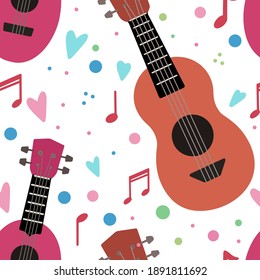 Seamless pattern with flat ukuleles with musical notes and hearts on white background. Love music. Musical string instrument. Seamless cartoon texture for fabric, wallpaper and your creativity