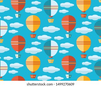 Seamless pattern in flat vector. Air balloon, aerostat flying in the blue sky among the clouds. Travel by air. Fun, kids background for textile, fabric, wrapping Wallpaper.