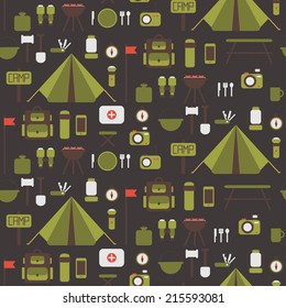 Seamless pattern of flat vector camping equipment symbols and icons. 