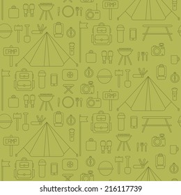 Seamless pattern of flat vector camping equipment symbols and icons. 