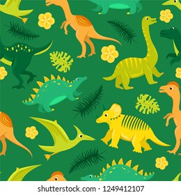 Seamless pattern with flat vector cartoon dinosaurs.