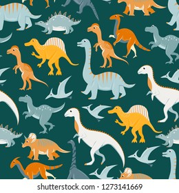 Seamless pattern with flat vector cartoon dinosaurs.