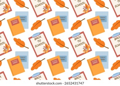Seamless pattern. Flat vector with colorful set of school or office items on white background. Back to school set with pen, notebooks and autumn leaves.