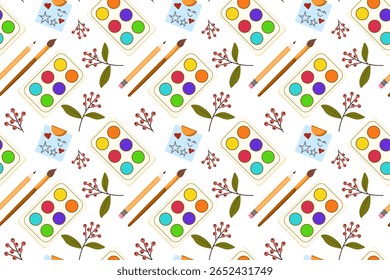Seamless pattern. Flat vector with colorful set of school or office supplies on white background. Back to school set with paints and autumn leaves.