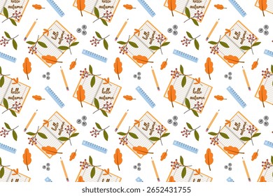 Seamless pattern. Flat vector with colorful set of school or office items on white background. Back to school set with pen, notebooks and autumn leaves.
