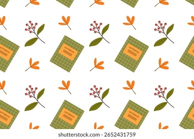Seamless pattern. Flat vector with colorful set of school or office items on white background. Back to school set with pen, notebooks and autumn leaves.