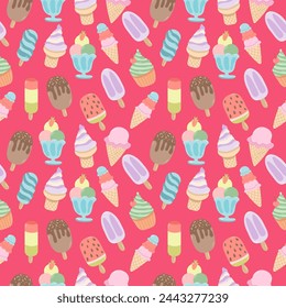 Seamless pattern with flat vector ice cream on a bright pink background.