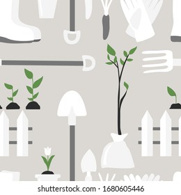 Seamless pattern, flat vector illustration. Items for the garden. Harvest festival, gardening. Print for garden shops. Gray, white, green. Isolated on white background.