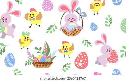 Seamless pattern of flat vector illustrations for Easter. Cute Easter bunnies, chicks, egg basket, Easter eggs, flowers. Happy Easter illustration. Vector