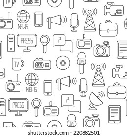 Seamless pattern of of flat vector journalism icons. Mass media. Communication. Illustration consists of computer, news, reporter, camera, microphone, radio. Infographics design web elements. 