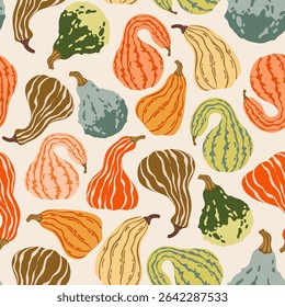 Seamless pattern of flat vector pumpkins. Colorful autumn vegetables. Harvest background