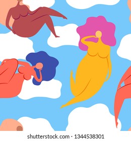 Seamless pattern with Flat women and clouds. Hand drawn beautiful diversity ladies. Body positive concept 