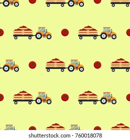 Seamless pattern with flat yellow tractor with a cart tomato. The agricultural machinery transports for farm with vagetables - vector illustration