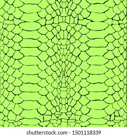 Seamless pattern flatlay reptile skin in neon green color on a black background. Fashionable bright vector illustration.