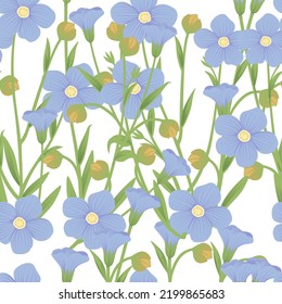 Patrón sin foco Planta de agricultura de Flax con flores azules de flor y cultivo de tallo verde ilustración vectorial sobre fondo blanco