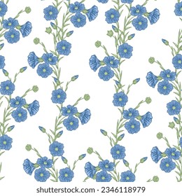 Seamless pattern of flax flowers. Hand drawn linen plant. Vector illustration. Summer design for textile or paper packaging.