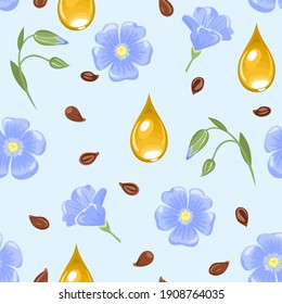 Seamless pattern with flax flowers, seeds and oil drops on a blue background. Vector cartoon flat illustration.