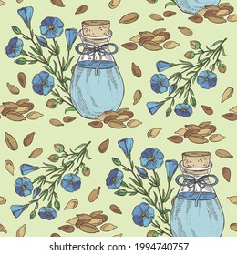 Seamless pattern with flax: plant, seeds, flowers and bottle of flax essential oil. Cosmetic, perfumery and medical plant. Vector hand drawn illustration.