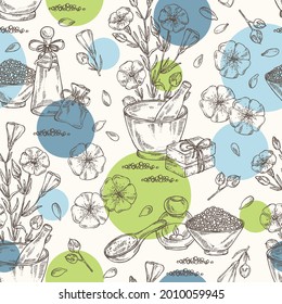 Seamless pattern with flax: plant seeds and flax flowers. Oil, soap and bath salt . Cosmetics and medical plant. Vector hand drawn illustration