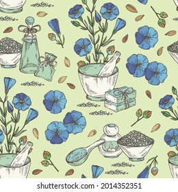 Seamless pattern with flax: plant seeds and flax flowers. Oil, soap and bath salt . Cosmetics and medical plant. Vector hand drawn illustration