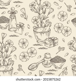 Seamless pattern with flax: plant seeds and flax flowers. Oil, soap and bath salt . Cosmetics and medical plant. Vector hand drawn illustration