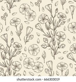 Seamless pattern with flax plant seeds and flowers. Vector hand drawn illustration