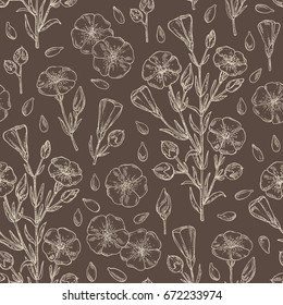 Seamless pattern with flax plant seeds and flowers. Vector hand drawn illustration