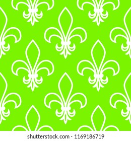 Seamless pattern. Fleur de lis. Linear vector graphics. Geometric symmetrical drawing. Green background.