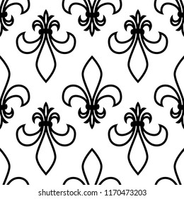 Seamless pattern. Fleur de lis. Linear vector graphics. Geometric symmetrical drawing. White background.