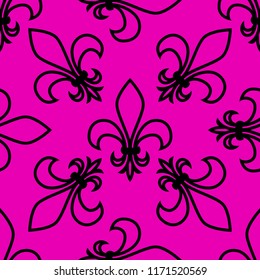 Seamless pattern. Fleur de lis. Linear vector graphics. Geometric symmetrical drawing. Pink background.