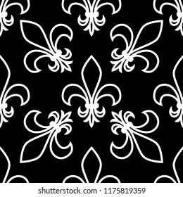 Seamless pattern. Fleur de lis. Linear vector graphics. Geometric symmetrical drawing. Black background.