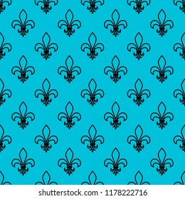 Seamless pattern. Fleur de lis. Linear vector graphics. Geometric symmetrical drawing. Blue background.