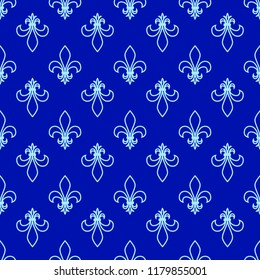 Seamless pattern. Fleur de lis. Linear vector graphics. Geometric symmetrical drawing. Blue background.