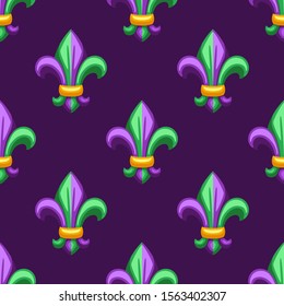 Seamless pattern with fleur de lis in Mardi Gras colors. Carnival background for traditional holiday or festival.