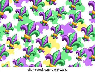 Seamless pattern with fleur de lis in Mardi Gras colors. Carnival background for traditional holiday or festival.